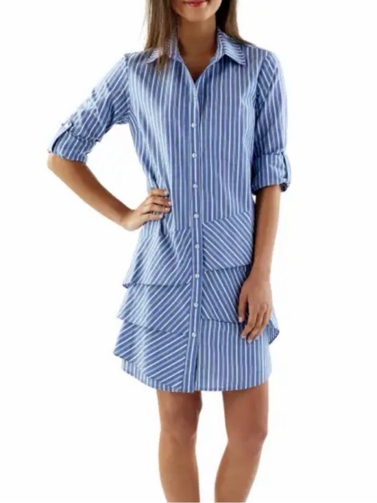 Finley Dresses & Skirts - Finley Jenna Striped Cotton Chambray Ruffle Shirtdress Womens Blue White